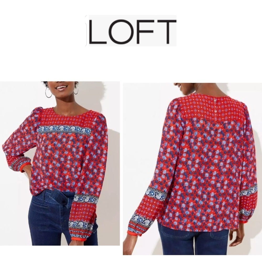 💥LOFT Women's Red & Blue Floral Long Sleeve Blouse XS